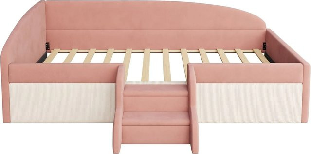 Merax Sofabett für Kinder mit Hausrahmen und Stufen in Samt Rosa Creme, B/T/H: 90 x 190 cm - Bild 1
