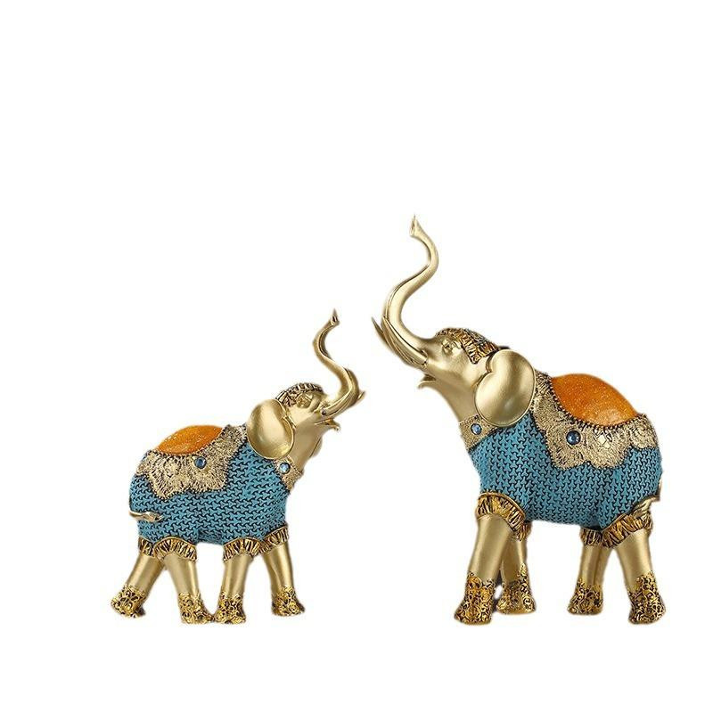 Yiran Furniture Elefantenornamente als Elefantenpaar in Gold im Ethno-Stil zur Wohnzimmerdekoration - Bild 3