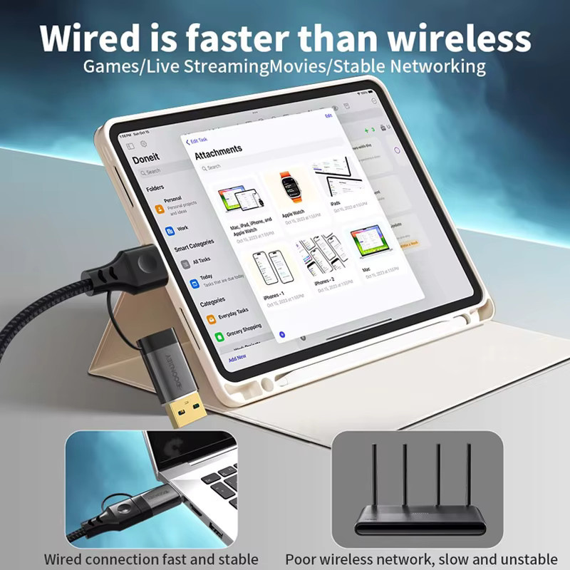 DOONJIEY 2-in-1 USB-C zu Ethernet Adapter mit RJ45 Gigabit LAN 1000Mbps für Laptop, PC und Mobiltelefon - Bild 4