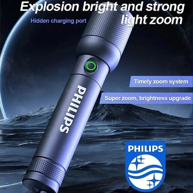 Philips 6168 Taschenlampe mit optischem Zoom, schwarze Akku-Taschenlampe mit 4 Beleuchtungsmodi und USB-C Anschluss - Bild 1