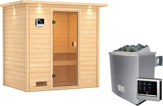 Karibu Massivholzsauna Selena in Braun mit 9 kW Ofen, externem Steuergerät und LED-Dachkranz, B/T/H: 223 x 191 x 159 cm - Bild 1
