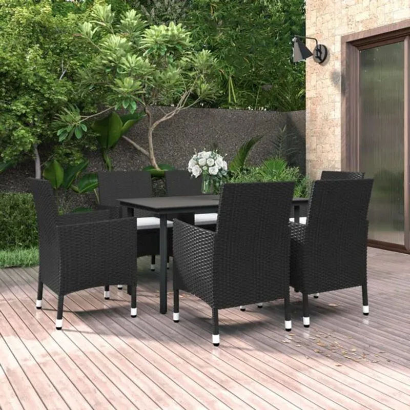 7-teilige moderne Garten-Essgruppe aus Poly-Rattan und Glas mit Auflagen in Schwarz von vidaxl - Bild 1