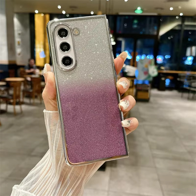Glitzer Handyhülle aus Kunststoff mit Galvanik-Effekt für Samsung Galaxy Z Fold 6 5G, 5, 4, 3 in Sand und Silber Hard Shell Cover - Bild 1