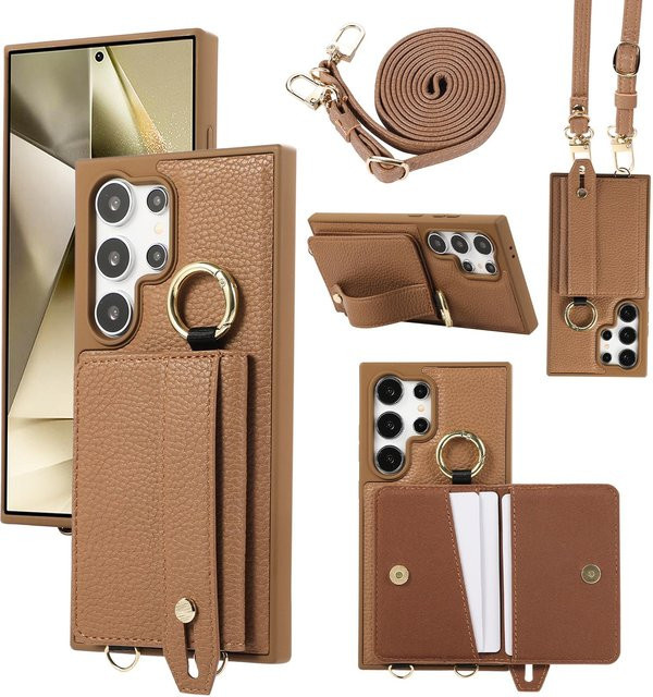 Samsung Crossbody-Geldbörse und Handyhülle aus Leder mit Kartenhalter und Umhängeband in Braun für Galaxy S25 Ultra S24 FE S23 S22 Plus S24+ - Bild 1