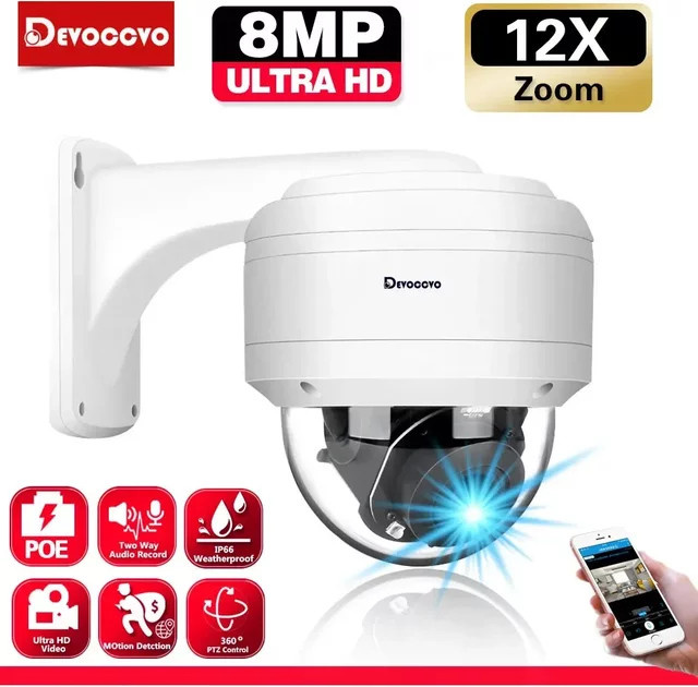Devoccvo 8MP POE PTZ Sicherheitskamera für Außenbereich mit 4K Auflösung, 12X Optischem Zoom und Menschenerkennung, IP Dome Kamera in Weiß - Bild 1