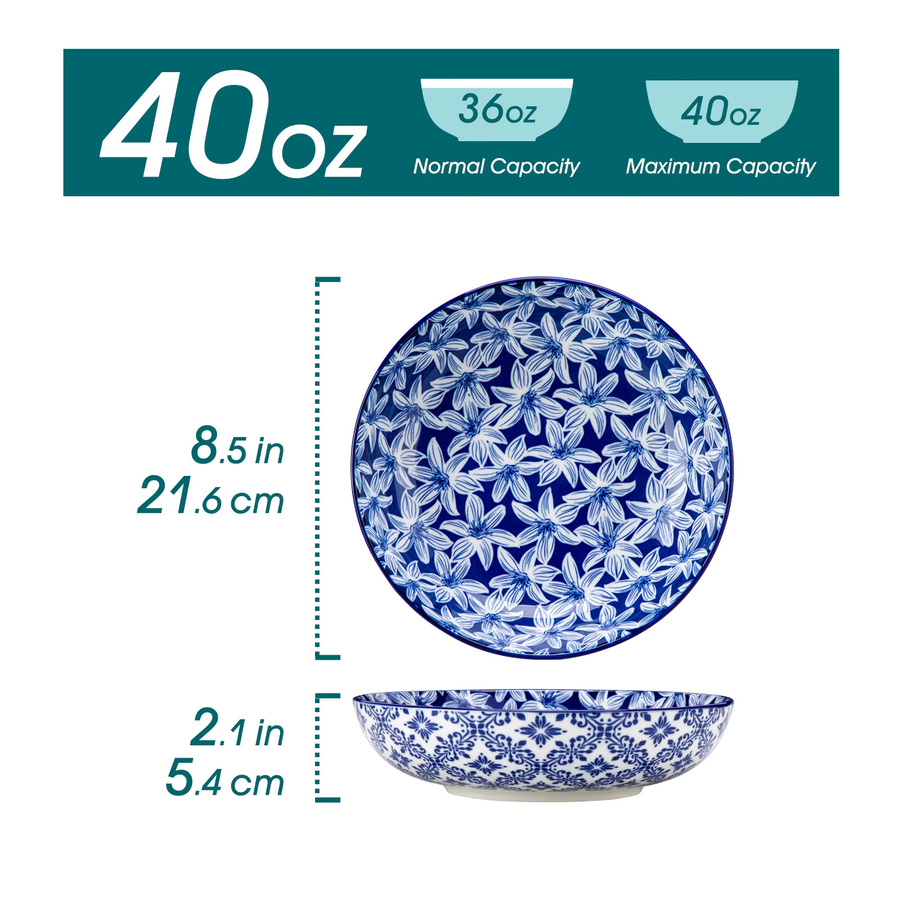 Vancasso 6-teiliges Set Keramik-Pastaschalen und Suppenteller aus Porzellan mit blau-weißem Blumenmuster - Bild 2