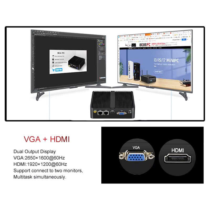 BEBEPC Industrieller lüfterloser Mini-PC mit Intel Celeron J6412 oder Core i3-5005U, Dual LAN, 2*COM, HDMI, WIFI, Windows 10, Schwarz - Bild 2