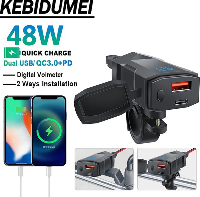 KEBIDUMEI 48W Motorrad-Handy-Ladegerät mit PD+QC3.0, wasserdichtes Lenker-Ladegerät mit USB-C und digitalem Voltmeter-Display in Schwarz - Bild 1