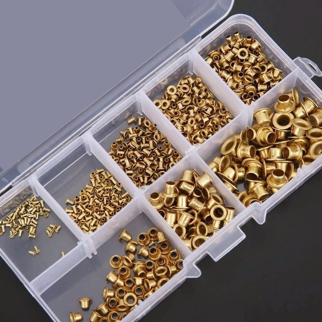 650 Stück Hohle Leder-Nieten aus Messing in Gold, 8 Größen M0.9-M5, Befestigungsschrauben für Lederhandwerk und Buchbinderei - Bild 1