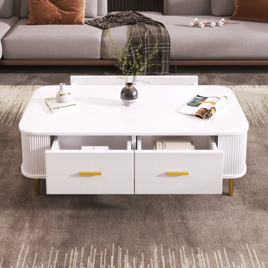 Svintora Couchtisch in Weiß mit goldenen Beinen, moderner rechteckiger Beistelltisch mit gerippter Oberfläche und Schubladen für dein Wohnzimmer - Bild 3
