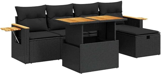 vidaXL 6-tlg. Garten-Sofagarnitur in L-Form aus schwarzem Poly-Rattan mit Kissen und pulverbeschichtetem Stahlgestell - Bild 1