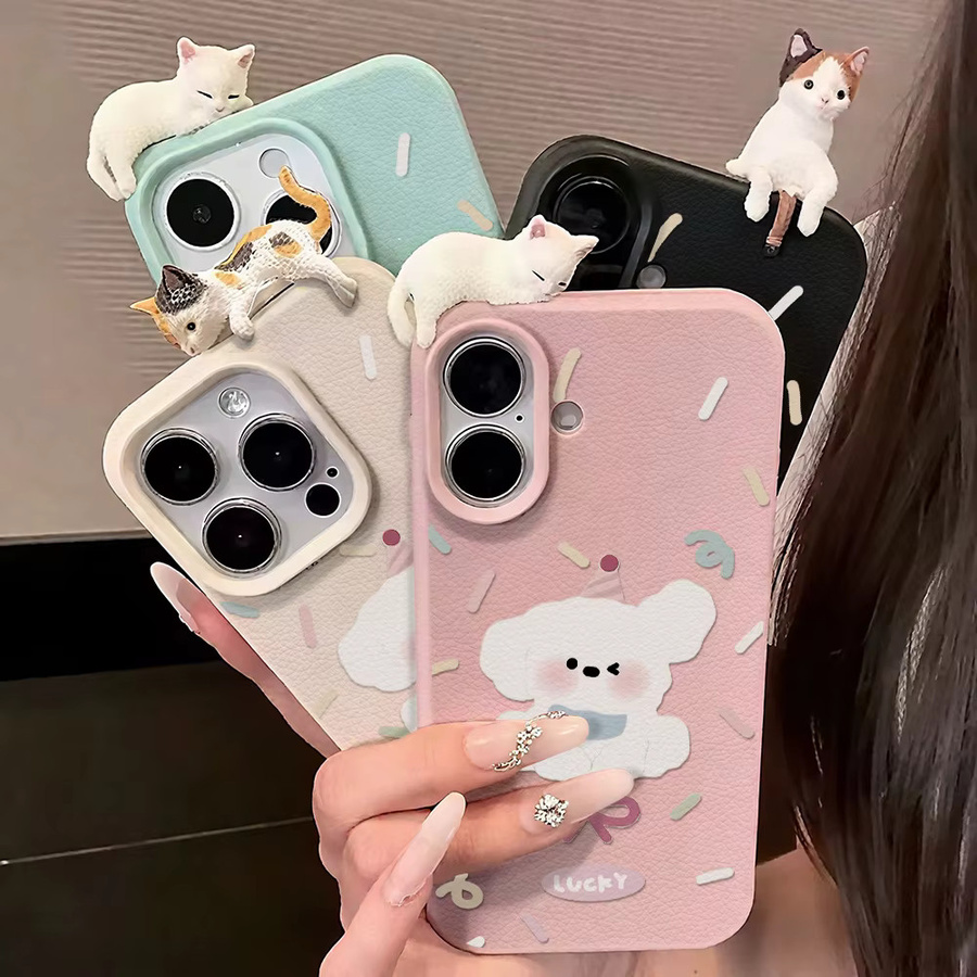 Handyhülle mit 3D Hund und Katze Motiv im Lychee Muster für Apple iPhone 17 Pro Max, 16, 15, 14, 13, 12 und 11 Modelle - Bild 5