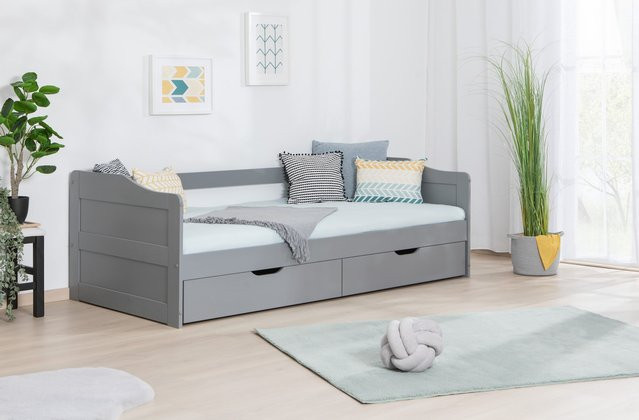TiCAA Funktionsbett Sofabett Melinda aus massiver Kiefer in Grau mit Schubladen - Bild 1