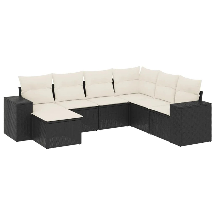 vidaXL 7-teilige Garten-Sofagarnitur in L-Form aus Poly-Rattan und pulverbeschichtetem Stahl mit Kissen in Schwarz und Cremeweiß - Bild 2