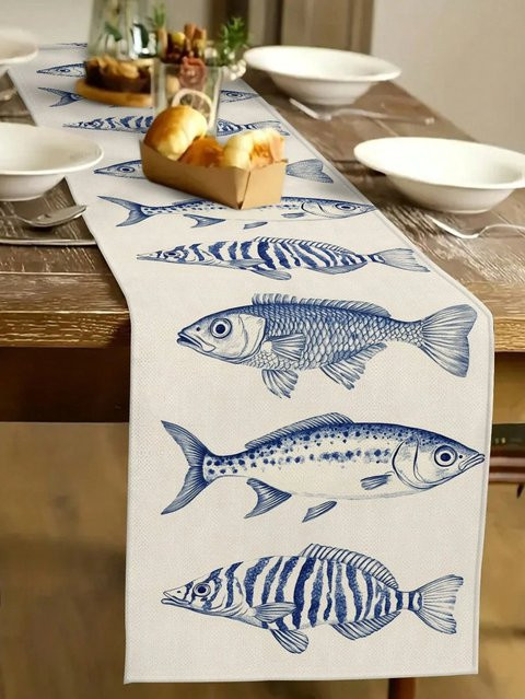 JIT Tischläufer mit Fischmuster in Blau und Weiß im maritimen Stil aus Leinen - Bild 1