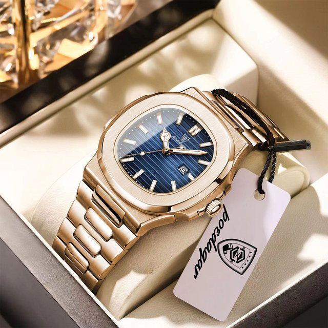 POEDAGAR Armbanduhr Quarz, Edelstahl, Eckig, Blau, Herren - Bild 1