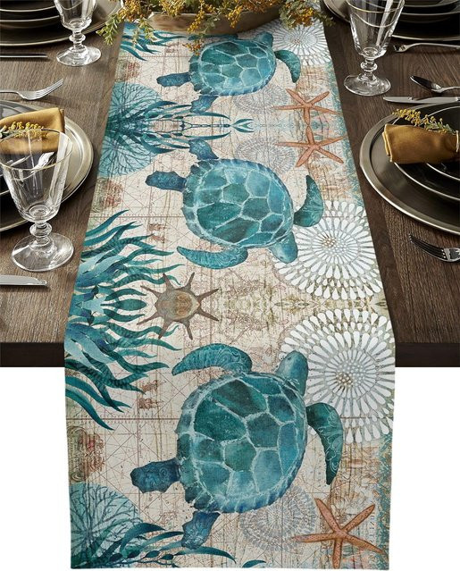 JINGYUE Pet Tischläufer aus Leinen mit Maritim-Motiv in Grau und Blau, B/H: 150 x 33 cm - Bild 1