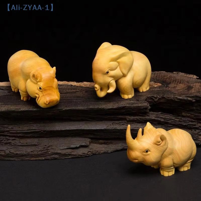 JETTING Handgeschnitzte Tierfiguren aus Holz als Dekoration für Zuhause und Auto Nashorn Nilpferd Elefant - Bild 4