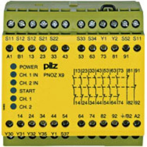 PILZ Sicherheitsschaltgerät PNOZ X9 in Gelb, Betriebsspannung 24V/DC, 7 Schließer und 2 Öffner, B/H/T: 90 x 87 x 121 mm - Bild 1