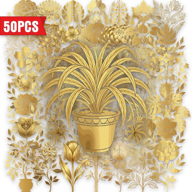 50 Stück goldene Pflanzen-Aufkleber aus transparentem PET, wasserfeste Sticker für Scrapbooking, Telefon, Gepäck und Skateboard - Bild 1