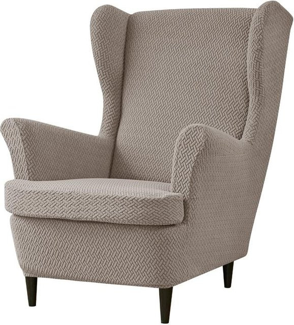 Stretch Ohrensesselhusse aus Jacquard mit Sitzkissenbezug in Beige Multicolour - Bild 1