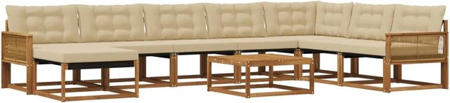 vidaXL Outdoor-Sofagarnitur aus Akazien-Massivholz in L-Form, 9-teiliges Set mit Textilene-Elementen und beigefarbenen Polstern - Bild 1