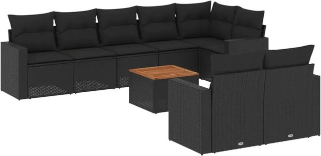 vidaXL 9-tlg Garten-Sofagarnitur in L-Form aus schwarzem Poly-Rattan mit Kissen und pulverbeschichtetem Stahlgestell - Bild 1