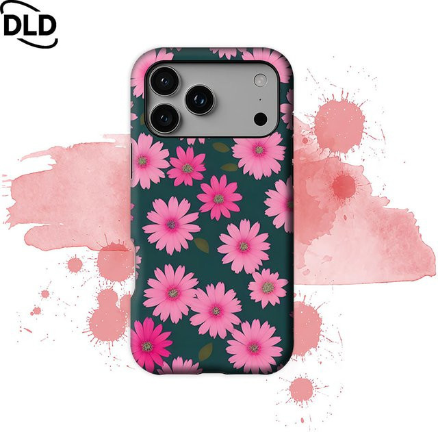 Potdemiel Robuste Handyhülle mit rosa Gänseblümchen auf Türkis für iPhone 13 bis 17 Pro Max Plus mit Magnetfunktion - Bild 1