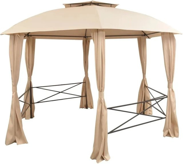 vidaXL Gartenpavillon Hexagonal mit Vorhängen in Beige aus Stahl und Polyester - Bild 1