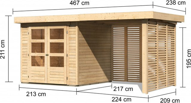 KARIBU Gartenhaus Askola aus Holz in Beige mit Anbaudach und Feuerholzoption, B/H/T: 433 x 211 x 217 cm - Bild 2
