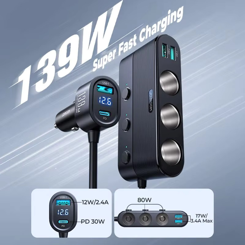 Joyroom 7-in-1 Autoladegerät-Adapter mit 139 W, PD QC3.0 Buchse und DC-Steckdose, Zigarettenanzünder-Splitter in Schwarz - Bild 3