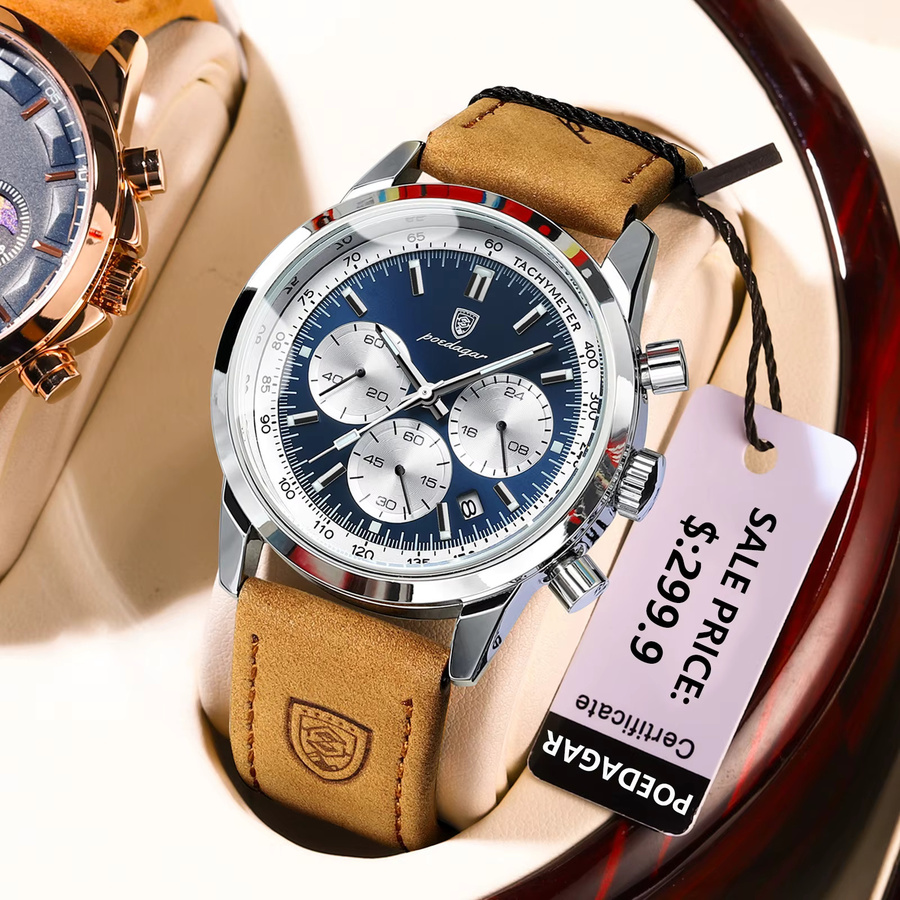 POEDAGAR Chronograph, Quarz, Leder, Herren, Blau, Silber - Bild 2