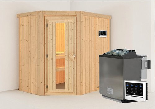 Karibu Vijandi Bio-Kombi-Sauna aus Fichtenholz für 3 Personen inklusive 9 kW Saunaofen mit externer Steuerung, beige - Bild 1