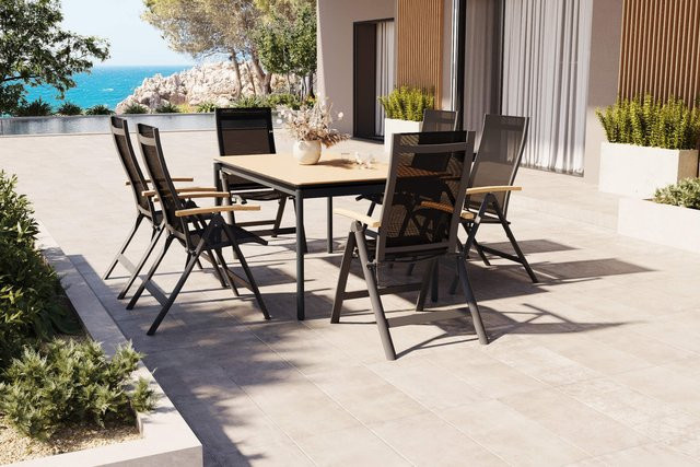 OUTFLEXX Glasgow Garten-Essgruppe für 6 Personen in Anthrazit Matt und Natur, klappbare Essgruppe aus Aluminium und Holzimitat - Bild 1