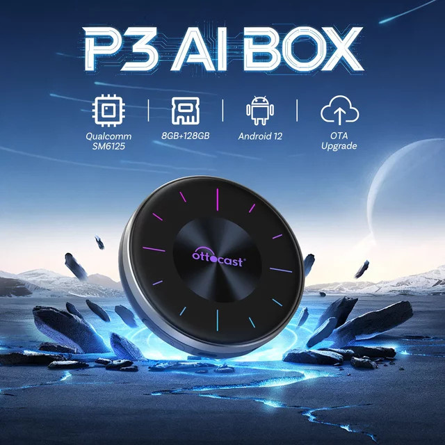 Ottocast P3 Auto TV AI Box mit 8+128G Speicher, kabelloses CarPlay und Android Auto, HDMI-Ausgang und GPS, Schwarz - Bild 1