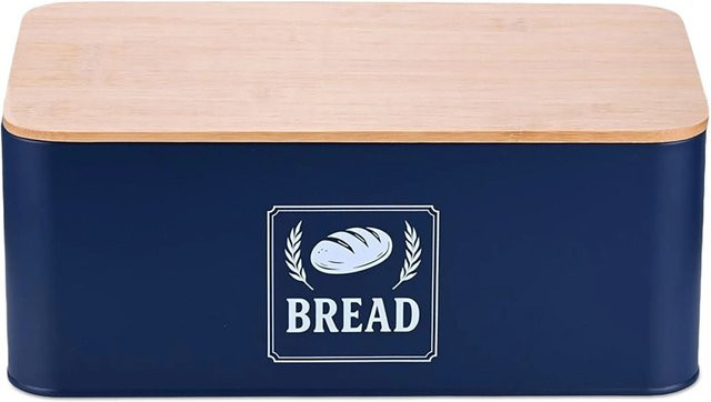 Relaxdays Brotkasten aus Eisen in Dunkelblau mit Bambusdeckel, B/T/H: 33 x 13,5 x 19 cm - Bild 1