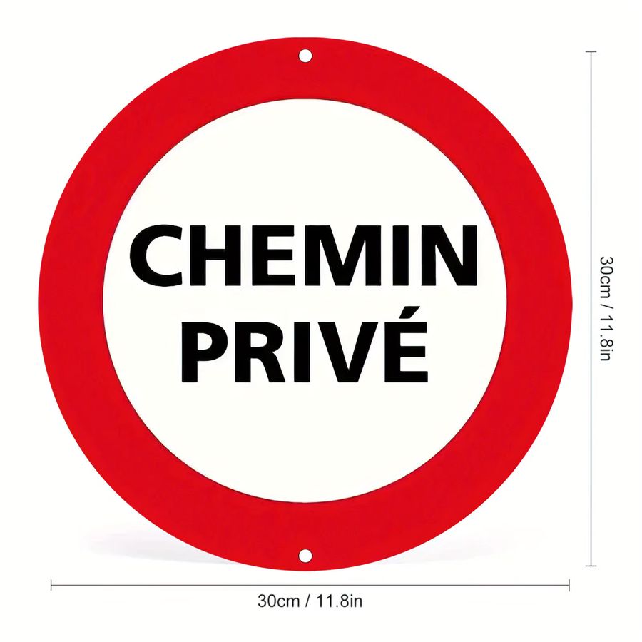 Potdemiel Rundes Vintage-Metallblechschild CHEMIN PRIVE Retro-Wandkunst in Rot, Weiß und Schwarz für Innen und Außen - Bild 3