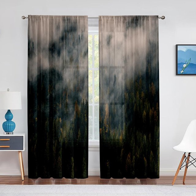 Super Six Transparentes Voile-Vorhang mit Wald- und Naturmotiv in Grün, Breite: 100 cm, Höhe: 250 cm - Bild 1