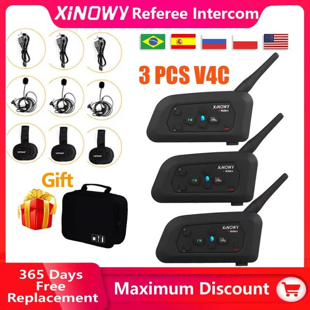 XiNOWy 3er Set V4C 1200M Vollduplex Gegensprechanlage für Fußballtrainer und Schiedsrichter, On-Ear Kopfhörer in Schwarz - Bild 1