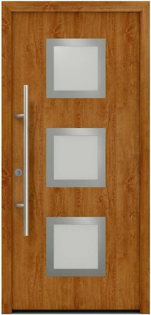 EcoStar Haustür Isopro Secur IPS 810S in Golden Oak mit Glaseinsatz, Farbe Braun, B/H: 110 x 210 cm, DIN Links, RC2 Sicherheit, Modernes Design aus Stahl und Aluminium - Bild 1