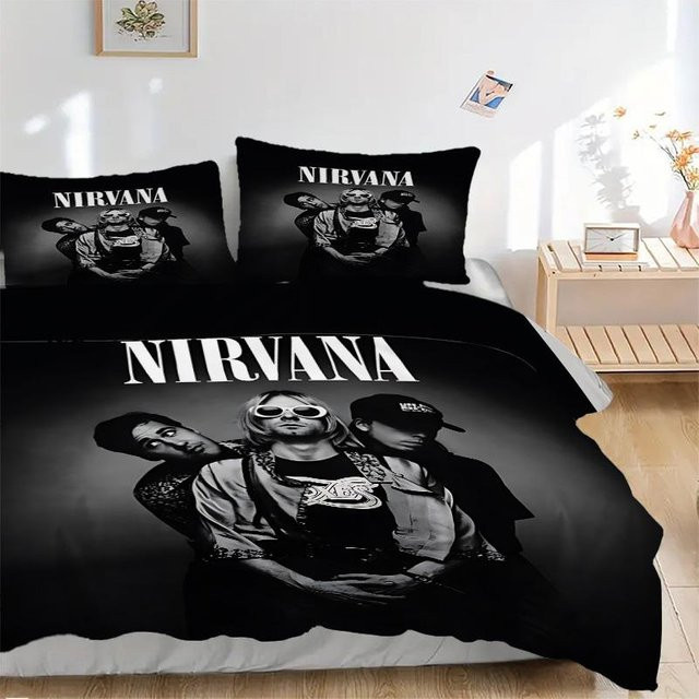3-teiliges Nirvana Band Bettwäsche-Set in Schwarz, bestehend aus 1 Bettbezug und 2 Kissenbezügen, Material: 100% Polyester, B/H: 135 x 200 cm - Bild 1