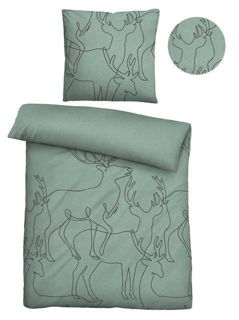 BIBERNA Bettwäsche Hirsch Motiv in Grün, Biber-Flanell aus 100% Baumwolle, bügelfrei, B/H: 155 x 220 cm + 80 x 80 cm - Bild 1