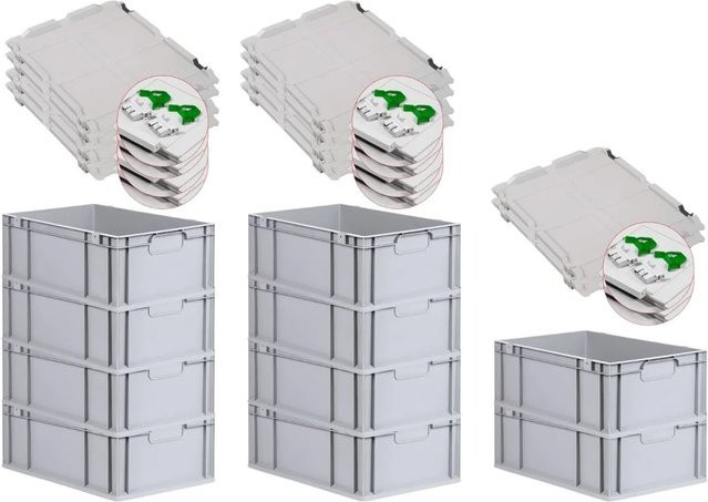 PROREGAL Spar Set 10x Eurobox Nextgen Economy mit Scharnierdeckel und grünen Schiebeschnappverschlüssen, Grau, H x B x T: 22 x 40 x 60 cm - Bild 1