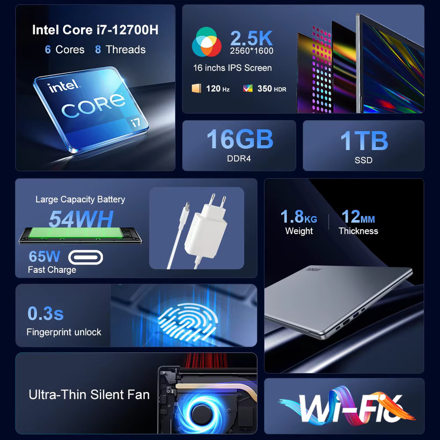 Ninkear N16 Pro Gaming-Laptop mit Intel Core i7-12700H, 16GB RAM, 1TB SSD, 16 Zoll 2.5K 120Hz Display und Fingerabdruck-Entsperrung - Bild 2