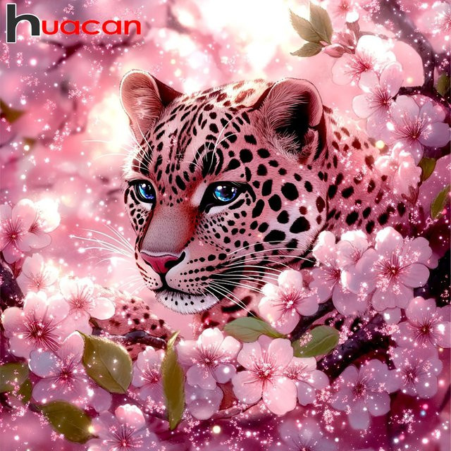 Huacan Diamantmalerei Leopard und Pflaumenblüte in Pink als moderne Wanddekoration - Bild 1