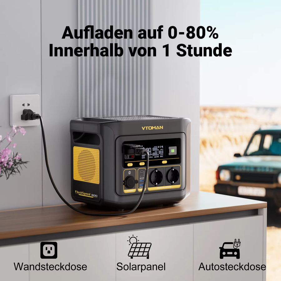 VTOMAN FlashSpeed 600 tragbare Stromstation in Schwarz mit 499 Wh LiFePO4-Batterie und 600 W Wechselstromausgang als Solar-Generator für Camping, Wohnmobil und Notfallstrom - Bild 4