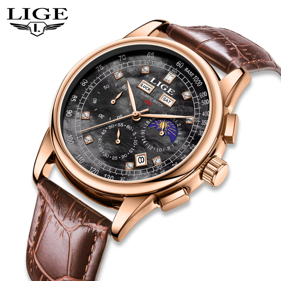 LIGE Chronograph, Leder, Quarz, Herren, Schwarz, Roségold - Bild 6
