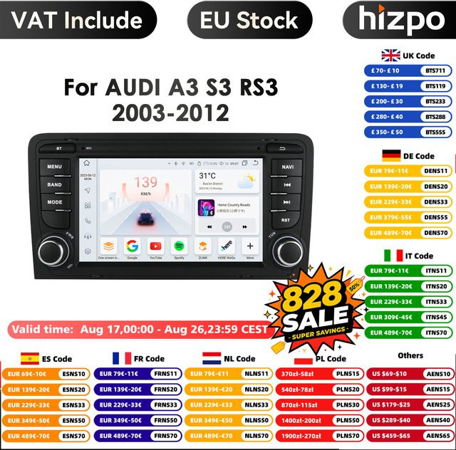HIZPO Android Autoradio mit 7 Zoll Display, 4G-LTE, CarPlay und GPS für Audi A3 8p (2007-2012) sowie S3 (2013-2015) und RS3, Schwarz - Bild 1