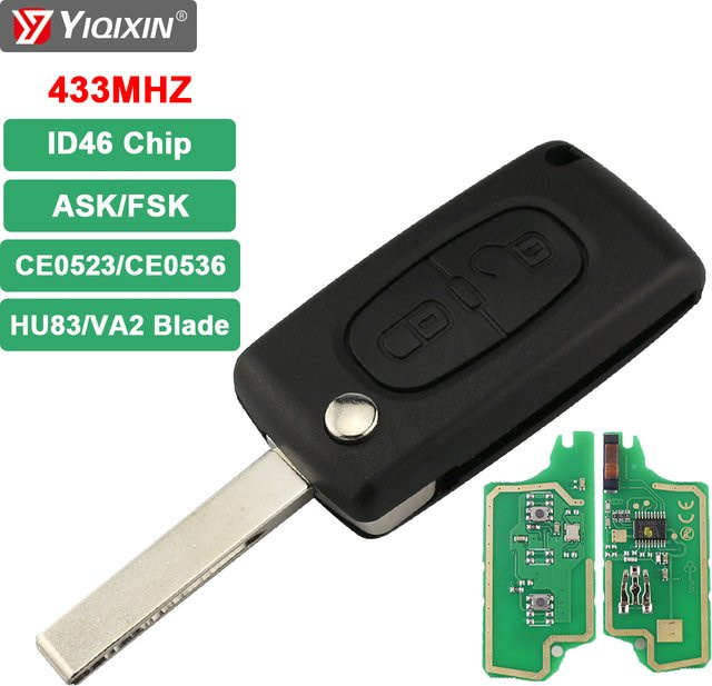 YIQIXIN Autoschlüssel Fernbedienung mit 2 Tasten, 433 MHz, ID46 PCF7961 Chip, Schwarz, passend für Peugeot 207 307 308 407 607 und Citroen C2 C3 C4 Berlingo Picasso - Bild 1