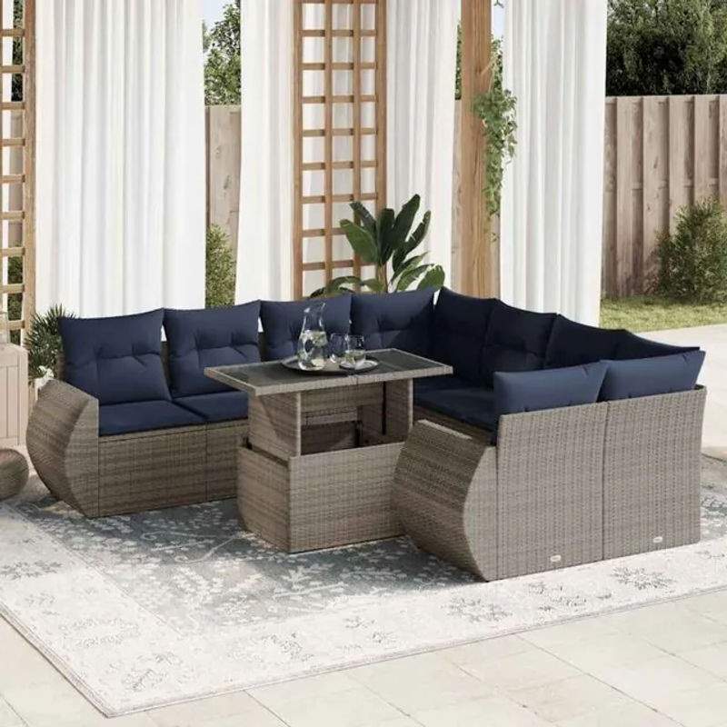 9-teilige Garten-Sofagarnitur aus Polyrattan und Akazie mit Kissen in Grau von vidaxl - Bild 1